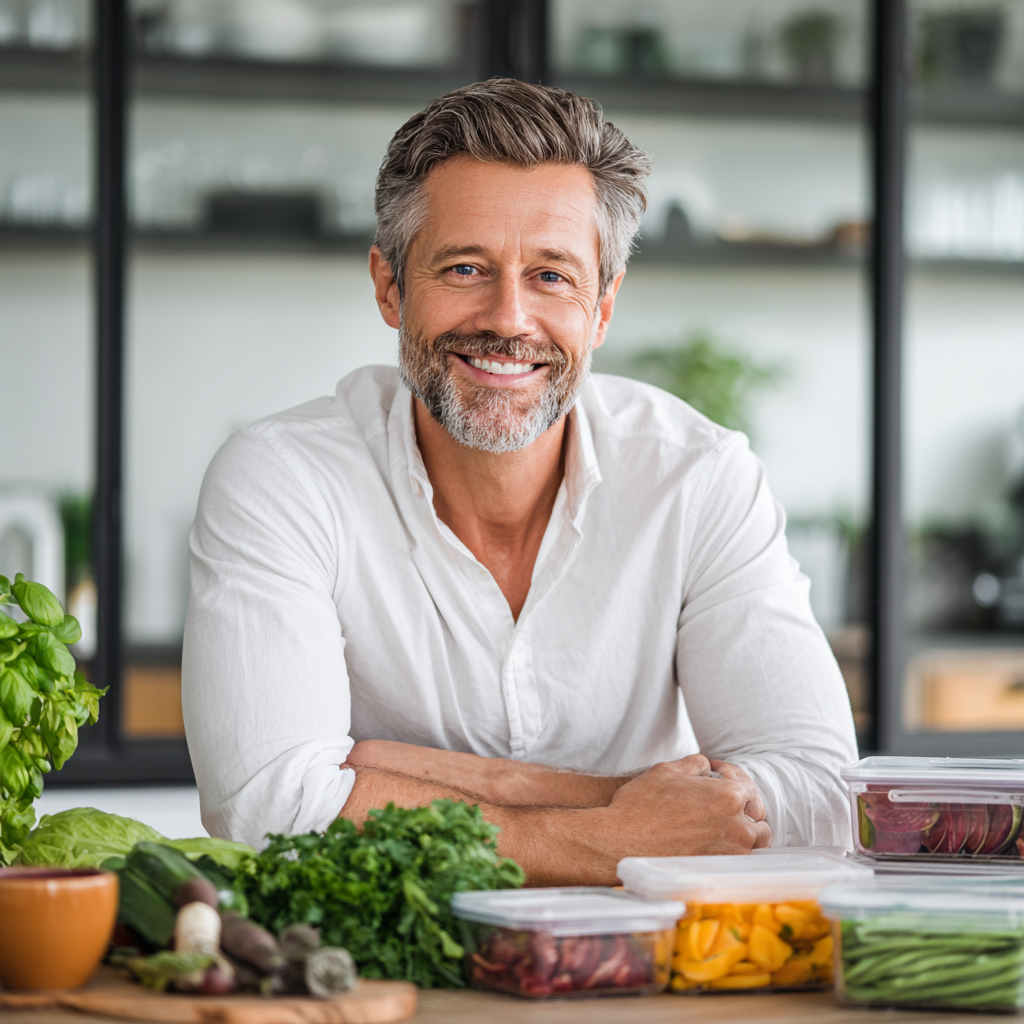 Professional nutritionist, middle-aged man around 45 years old with warm smile, wearing casual white shirt, sitting at modern kitchen table with fresh vegetables and healthy meal prep containers, natural lighting, representing personalized nutrition consultation